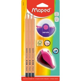 Maped - Starter Set for Students Made of FSC Certified Wood - 3 x Black'Peps Pencils, 1 x ZENOA Eraser, 1 x Pencil Sharpener Clean - Green, Pink, Blue - Random Colour, 5 Pieces (Pack of 1)