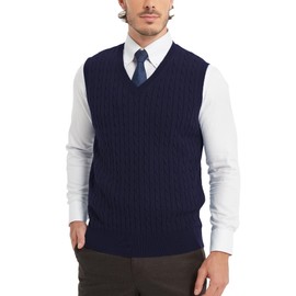 KALLSPIN Men’s Relaxed Fit Cotton Sweater Vest V Neck Solid Cable Knit Sleeveless Pullover(Navy Blue, X-Large)
