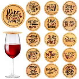 Tessco 16 Pcs Wine Glass Covers Funny Wood Drinking Glass Covers to Keep Bugs out Bamboo Water Glass Toppers Keeps Debris out for Party Wine Chirsmas holiday Accessories Housewarming Gifts (Cute)