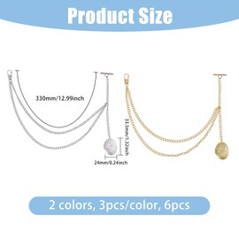 CHGCRAFT 6 Pcs 2 Style Pocket Watch Chain with Locket Pendant Brass Chain for Suit Corsage Pin Jewelry Gifts Clothing Accessories, Platinum and Golden, 13 inch long