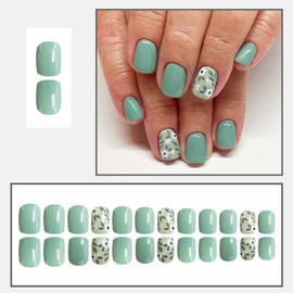 24 Pcs Green Press on Nails Short Square,YIHONGYUAN Fake Nails Press ons Nail Tips Acrylic Kit Glue on Nails Full Cover False Nails with White Jasmine Glossy Simple Designs Stick on Nails for Woman