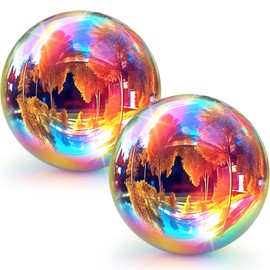 Suzile 2 Pieces 10 Inch Gazing Ball Hollow Gazing Mirror Ball Stainless Steel Garden Globe Gazing Globe Mirrored Surface Polished Ornament Sphere for Garden Outdoor Pool Yard Pond Lawn Home (Rainbow)