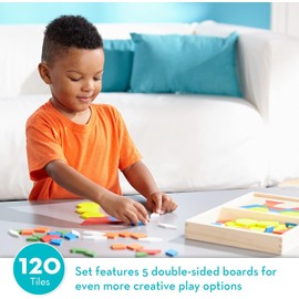 Melissa & Doug Pattern Blocks and Boards - Wooden Classic Toy With 120 Solid Wood Shapes and 5 Double-Sided Panels, Multi-colored - STEAM Animals, Tangrams Puzzle For Kids Ages 3+