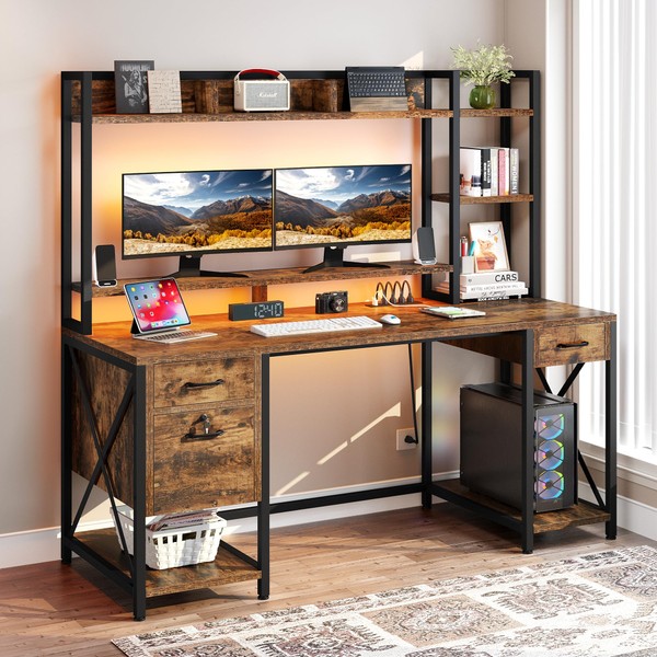 DWVO Computer Desk with Drawers & Hutch, 59.1" Office Desk