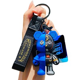 AIXUAN Male Female Boy Girl Cool Half-Mechanical Body Standing Bear Keychain Christmas Gift Animal Pendant Metal Keychain (Blue)