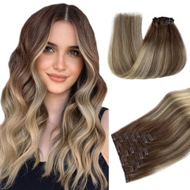 Belaved Clip-in Hair Extensions - Ombre Ash Brown & Bleach Blonde, 22 Inch, 70g, 7 Pcs, Real Remy Hair, Seamless Clip-ins