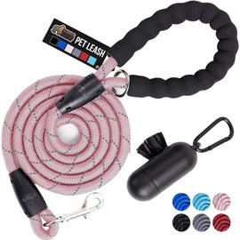 GORILLA GRIP Dog Leash, Heavy Duty Reflective Rope Leashes for Large, Medium, Small Breed Dogs, Puppy Training Essential for Walks, Hikes, Soft Handle, Rotating Metal Clip, Waste Bag Dispenser, Pink