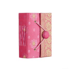 Sari Journal Mini 8cm x 10cm - Pink - Unlined Recycled Paper - Elastic Closure - Pocket Notebook and Diary - Indian Stationery Gift - for Men Women Students - Sari Fabric