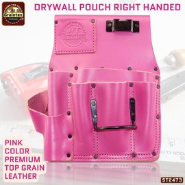 Graintex Drywall Pouch Heavy Duty Top Grain Leather, Steel Hammer Holder, Drywall Tool Belt, Framers Tool Pouch, Construction, Carpenter, Electricians (Pink, Right Handed)
