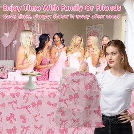 Homanu 3 Pack Pink Birthday Bow Party Decorations Tablecloths, Large Size 54 X 108 Inch Bow Table Cloth Plastic Table Cover Girls Birthday Tablecloth Rectangular