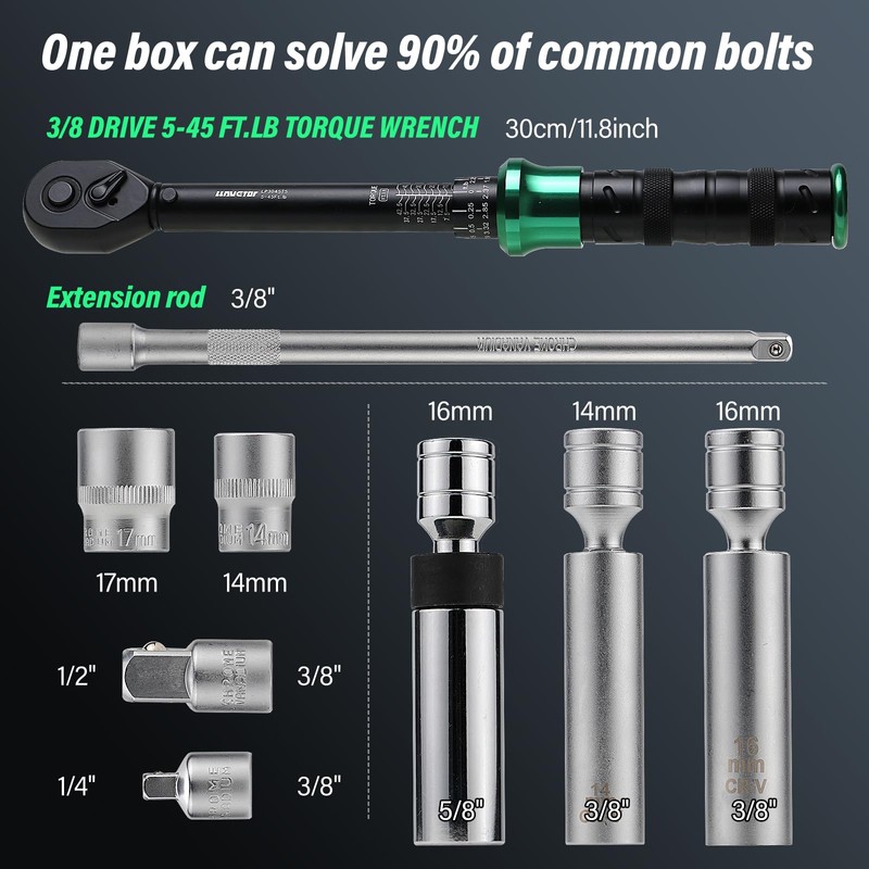 LLAVETOR 9Pcs Spark Plug Socket Set 3/8" 5-45Ft.lb Torque Wrench