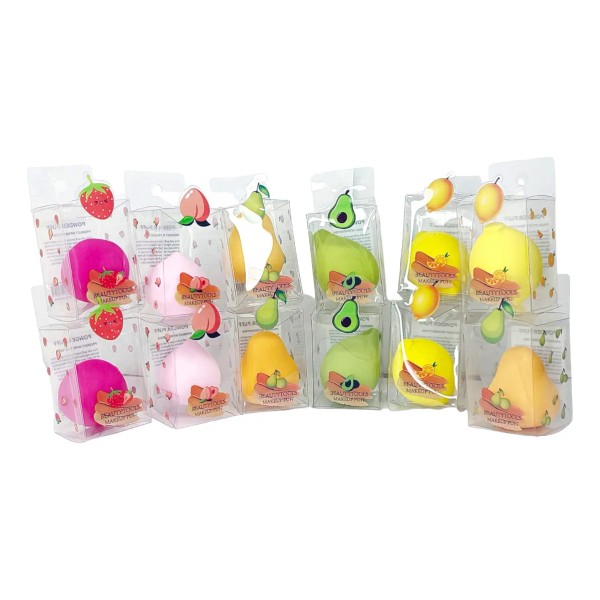 12 Esponjas De Maquillaje Figuras Frutas Estuche Individual Color Variados
