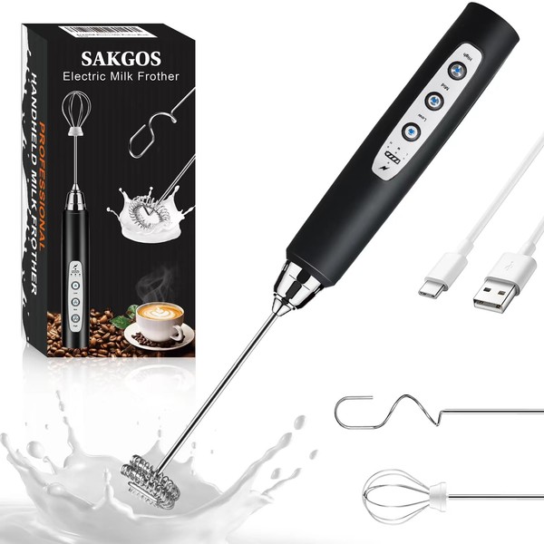 Sakgos Milk Frother Rechargeable Handheld-Electric Whisk 3 Speed Adjustable, Frother