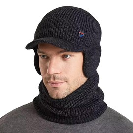 Men Winter Visor Beanie Hat with Scarf Set Warm Earflaps Winter Outdoor Hat Fleece Lined Knitted Skull Ski Masck Hat Black