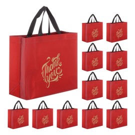 MECCANIXITY 12pcs Reusable Gift Bags, Red Tote Glossy Grocery Shopping Bag with Handles for Birthday Parties, Wedding, Christmas - 7.9"x10.2"x3.9"/ Gold Words