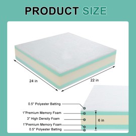 FOUXTEL Extra Thickness 5 Layer Couch Cushion Replacement, 22"x24"x6" Sofa Cushions Replacement, Memory Foam Upholstery Cushion, Supportive&Soft Sofa Cushion Foam with Removable Cover