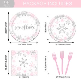 96PCS Winter Snowflake Party Tableware Set A Little Snowflake Party Supplies Silver Pink Snowflakes Girl Baby Shower Party Decorations Plates Napkins Forks Winter Birthday Dinnerware Favors for Girls