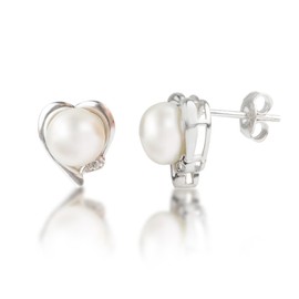 MAX + STONE Freshwater Pearl Earrings for Women in Sterling Silver | Heart Pearl Earrings with Diamonds | Comfortable Real Pearl Earrings for Women | Cultured Pearl Stud Earrings for Women