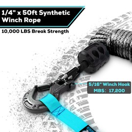 YUNFUER 1/4" x 50ft Synthetic Winch Rope Cable Kit, 10000LBS Winch Rope with Protective Sleeve + Forged Winch Hook + Rubber Stopper and Safety Pull Strap for ATV UTV (Gray)