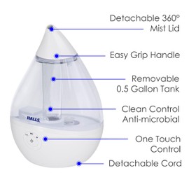 Crane x HALLS Droplet Ultrasonic Small Air Humidifiers for Bedroom and Office, 0.5 Gallon Cool Mist Humidifier for Plants and Home, Humidifier Filters Optional
