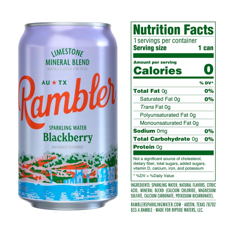 AUTX RAMBLER Blackberry Sparkling Water, Limestone Mineral Blend, 12-Ounce Cans,