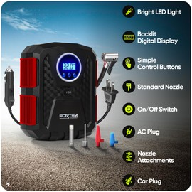 FORTEM Tire Inflator Portable Air Compressor, Air Pump for Car Tires and Bikes, Car Tire Pump w/Auto Shut Off, 150 PSI, 110V AC 12V DC, LED Light, Carrying Case, for Men, Women