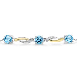 Gem Stone King 1.99 Ct Swiss Blue Topaz E-F Lab Grown Diamond 925 Silver and 10K Yellow Gold 7 Inch Tennis Bracelet For Women with 1 Inch Extender