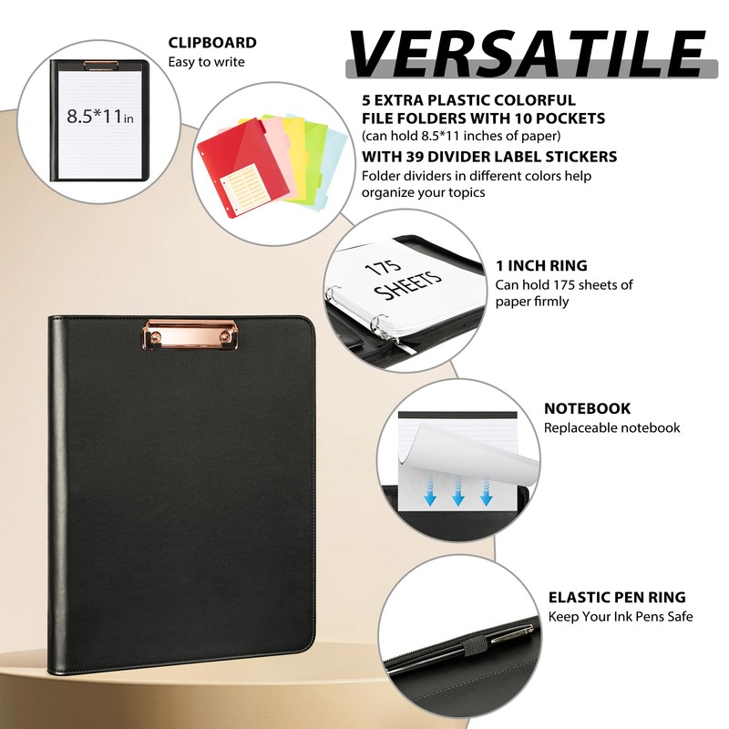 Ospelelf Leather Clipboard with Storage, Zippered Padfolio Portfolio Organizer, 3