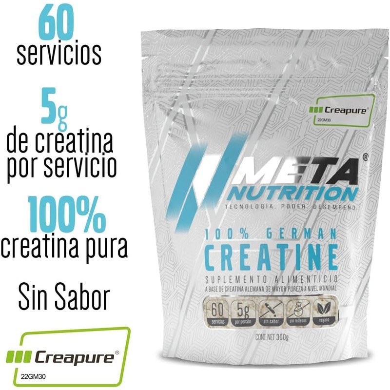 Meta Nutrition, Creatina Monohidratada Alemana Creapure®, 300g, 60 servicios.