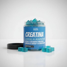 Aura Gomitas Creatina Monohidratada Veganas 120 Piezas Hombres y Mujeres Porción 5gr Sabor Blueberry Sin Azúcar Sin Calorías Más Energía Rápida Recuperación Muscular Preworkout Alto Rendimiento