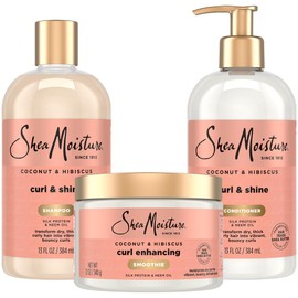 SheaMoisture Coconut & Hibiscus Curl & Shine Shampoo & Conditioner + Curl Enhancing Smoothie for Bouncy Curls, Frizz Control