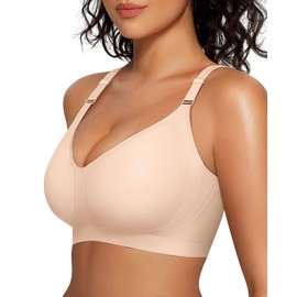 OEAK Womens Comfortable Bras Wireless V Neck Bra Full Coverage Bralettes Seamless Tshirts Bras Push Up Bras with Extender Nude L