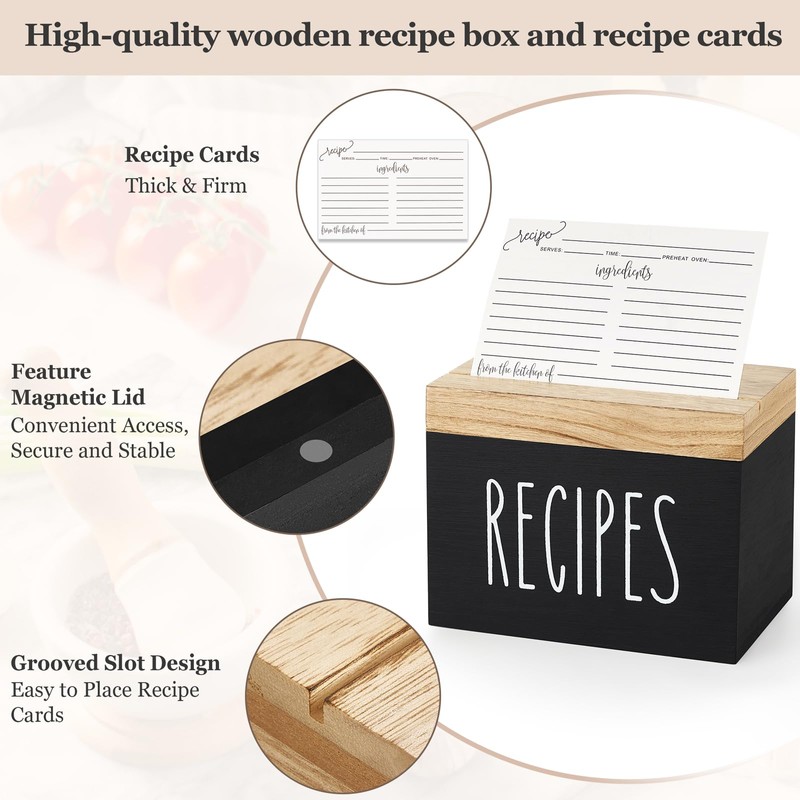 Dahey Wooden Recipe Box Black Recipe Organizer with 100 Recipe
