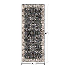 Black Entryway 2x5 Runner Rug, Small Throw Runners for Kitchen Bedroom Bathroom Laundry Room, Vintage Floral Decor & Non-Slip Low-Pile Washable Stain Resistant, Dark Ashen Charcoal