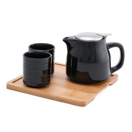 Happy Sales HSTS-KYTGRY, Ceramic Teapot with Stainless Steel Infuser and Wooden Handle 28 fl ounce and Four Tea Cups with Bamboo Serving Tray Tea Set, Gray