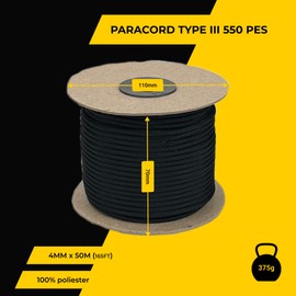 EdcX 4 mm Polyester Paracord 550 (15, 30 and 50 m) – 4 mm Type III, Tear-Resistant Parachute Cord for Survival Made of 100% Polyester with 7 Wires | Solid Colours (Black, 50 m)