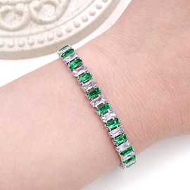 Uloveido Platinum Plated Baguette Tennis Bracelet Green and White Cubic Zirconia Bolo Bracelet for Women YA4537 (Silver Color-Green-7.5 inch)