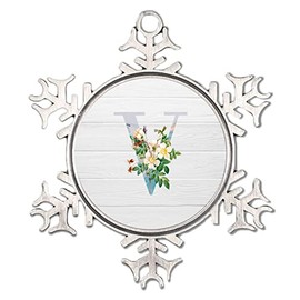 Initial Letter V Monogram Blue Snowflake Ornaments Round Christmas Tree Ornament Greenery Shrubs Plants Elegant Keepsake Gerbera Daisy Flower White Collectible Gift for Christmas Tree Decorations