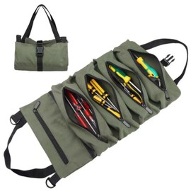 SUKOUSRAM Tool Roll Up Pouch Multi-Purpose Roll Up Tool Bag Durable Canvas Tool Organizer Bag,Car First Aid Kit Wrap Roll Storage Case,Hanging Tool Zipper Carrier Tote,Green