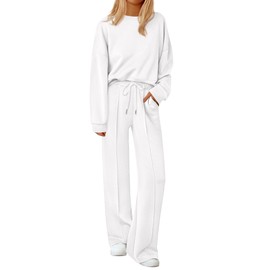 PRETTYGARDEN 2 Piece Sets For Women Fall Trendy Long Sleeve Sweatshirt Wide Leg Pants Loungewear Set Matching Sweatsuit (White,Small)