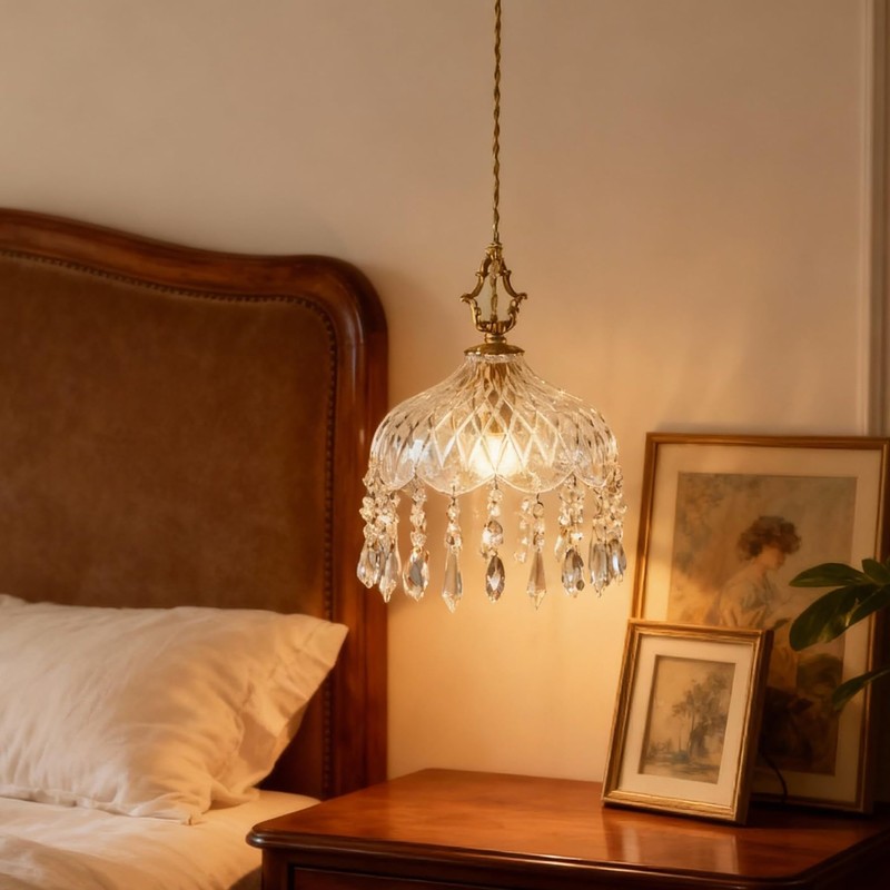 LYTSNUGIC Small Vintage Crystal Pendant Light Kitchen Island,French Brass Glass