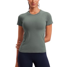 CRZ YOGA Seamless Workout Tops for Women Short Sleeve Athletic Tees Breathable Gym Running Yoga Shirts Grey Sage X-Small