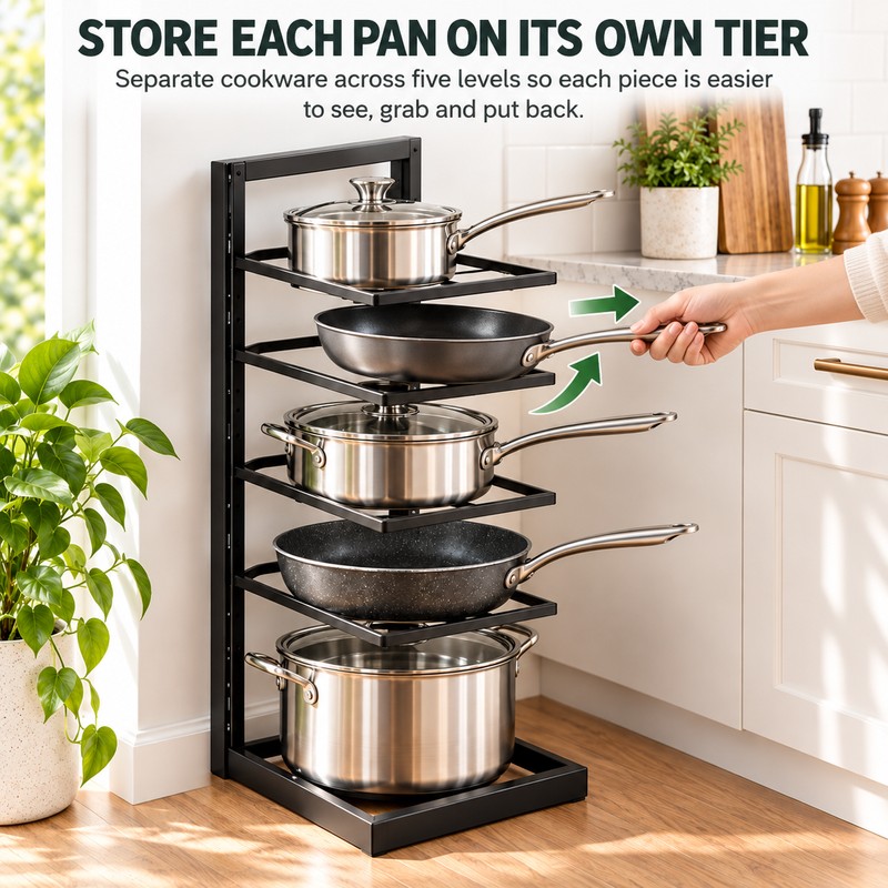 5-Tier Adjustable Pot & Pan Organizer for Cabinets – Black