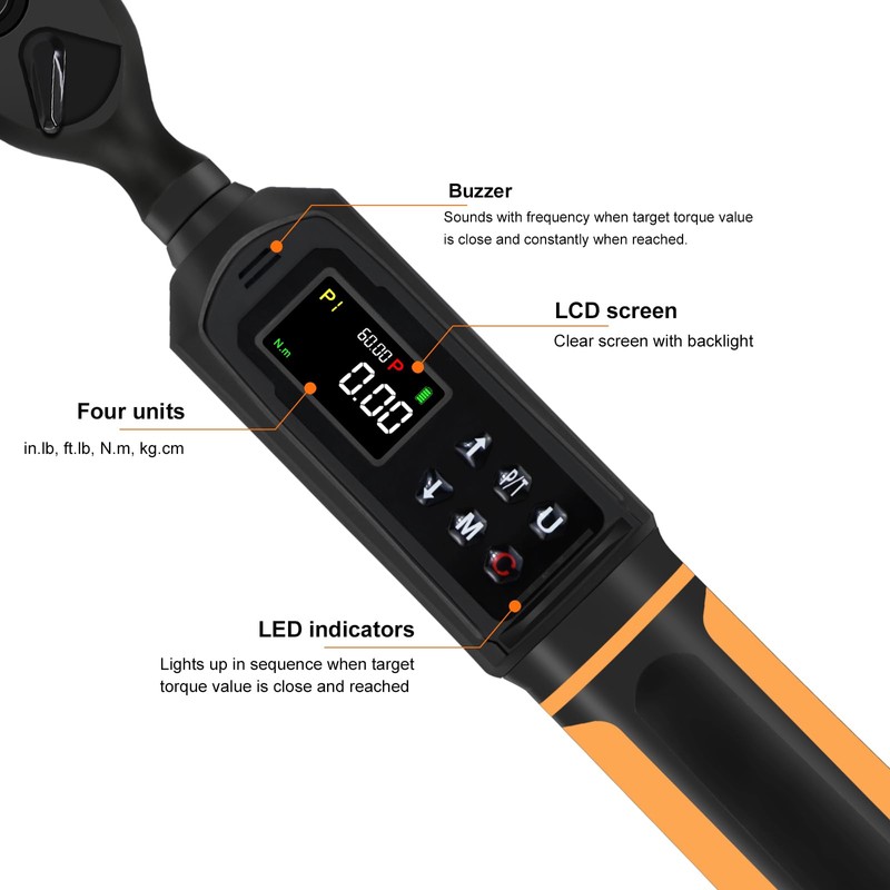 Uharbour Digital Torque Wrench 3/8 Drive, 0.66-44.29Ft.lbs/0.9-60Nm Range, Electric Torque