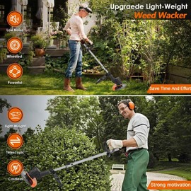 Weed Wacker, Electric Weed Wacker, String Trimmer with 2 x 24V Batteries and Charger, Cordless Weed Wacker with 3 Types of Blades, Brush Cutter with Retractable Length and 90° Rotating Head