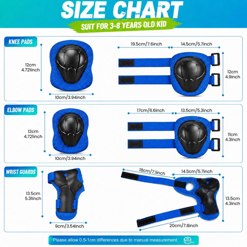 Lafefe 6PCS Blue Kids Protective Gear Set Knee Elbow Wrist