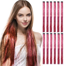 12pcs Glitter Hair Tinsel Kit 19 Inch Heat Resistant Hair Tinsel Extensions Sparkling Shinny Fairy Hair Accessories for Women & Girls(Pink)