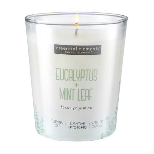 Essential Elements by Candle-lite Scented Candles Eucalyptus & Mint Leaf Fragrance, One 9 oz. Single-Wick Aromatherapy Candle with 50 Hours of Burn Time, Off-White Color