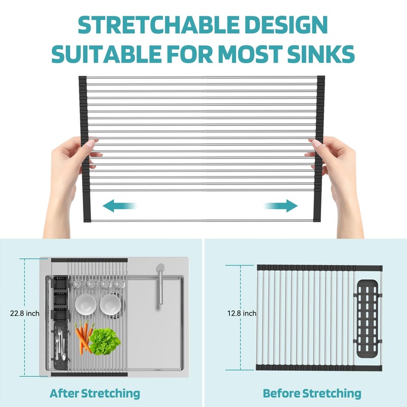 Extra Large Black Expandable Roll Up Dish Drying Rack Up