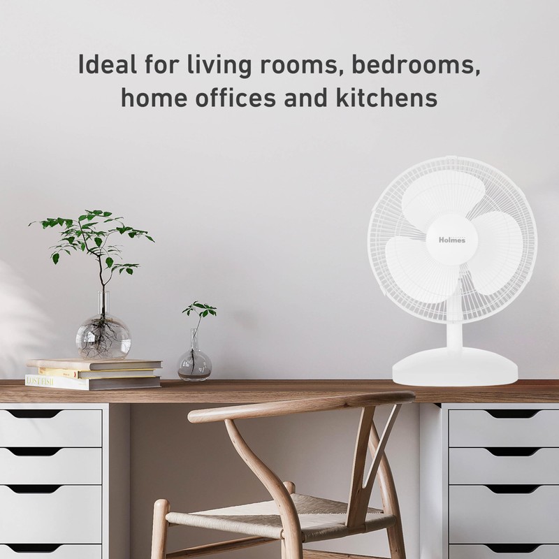HOLMES 12" Table Fan, 75° Oscillation, 3 Speeds, 15° Adjustable
